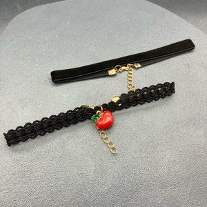 Girls Juniors Choker Necklace Lot 9 In Black Velvet Lace Apple Charm Gold Red